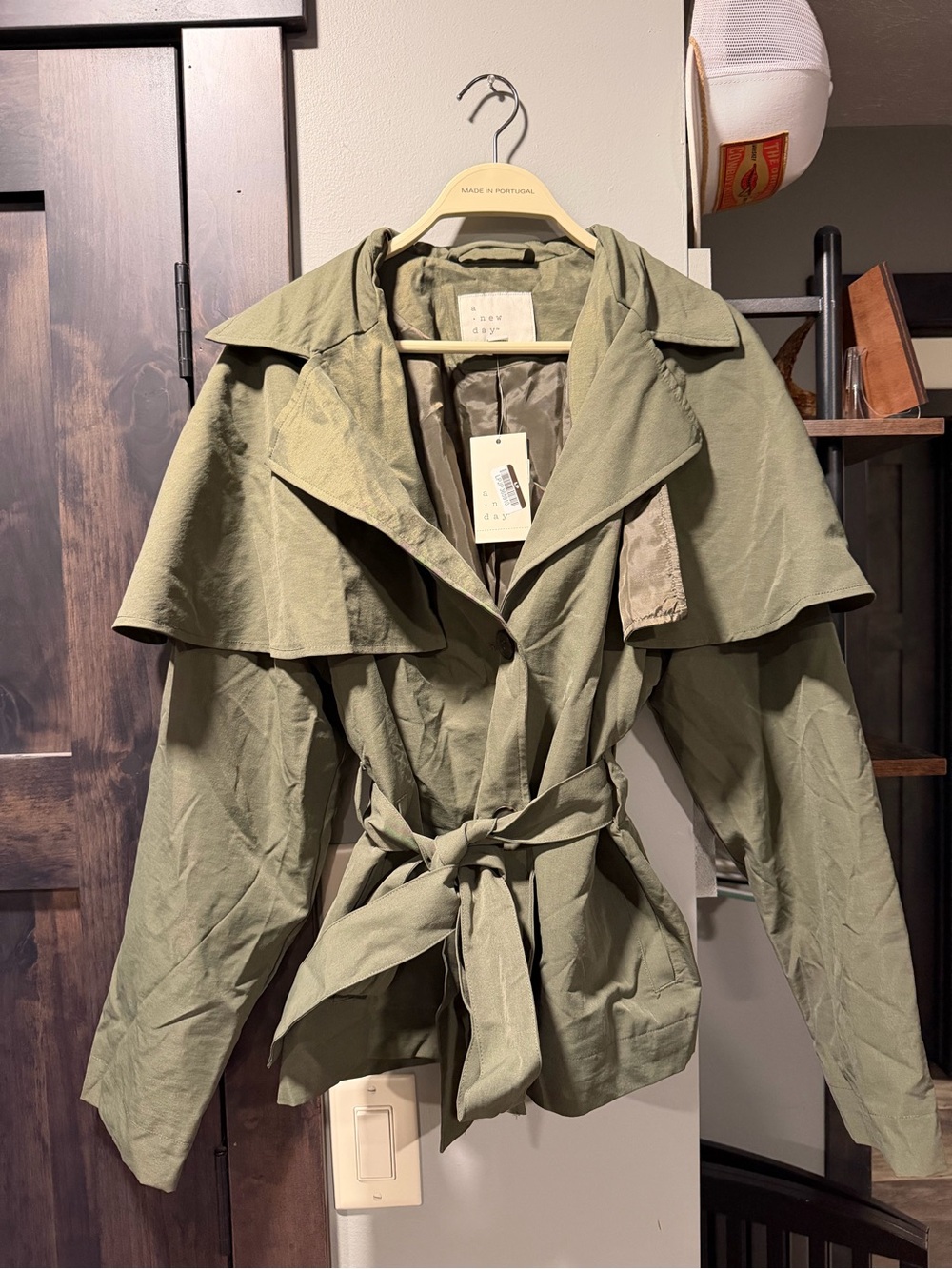 A New Day Short Cape Trench Coat L NWT Olive Green Belted Jacket